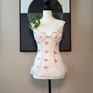 Vintage NWT Pink Floral Embroidered Mesh Corset Lingerie Set Size S